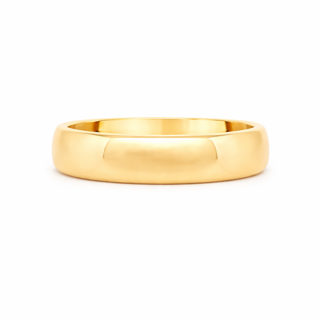 Gold men's wedding ring with a 5mm wide diamond comfort fit band, featuring a polished finish and elegant design.