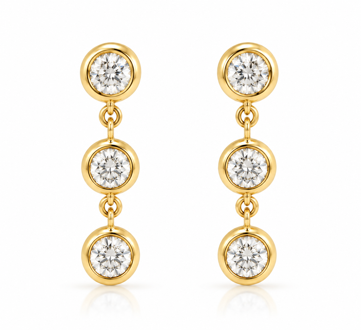 Elegant symmetrical diamond drop earrings in 18ct yellow gold, featuring sparkling diamonds on a sleek design.