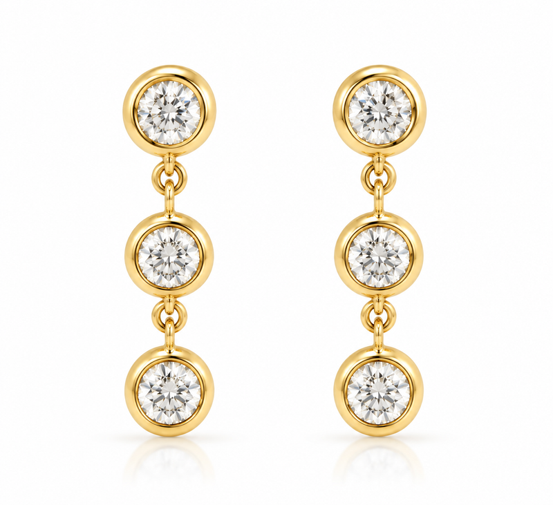Elegant symmetrical diamond drop earrings in 18ct yellow gold, featuring sparkling diamonds on a sleek design.