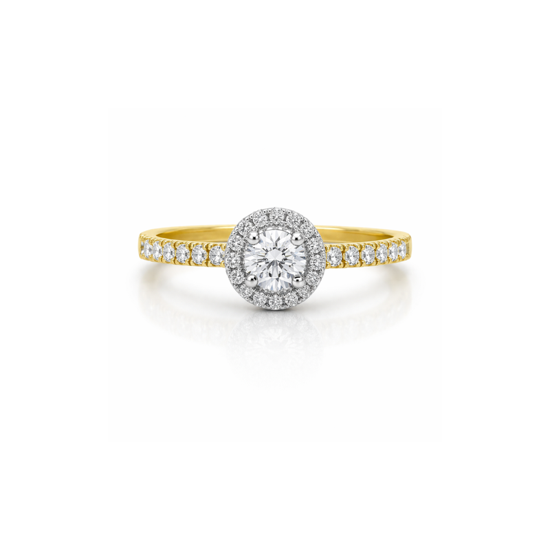 Gold Corrine round diamond ring by Appleby Jewellers Dublin, featuring a sparkling round diamond setting on a sleek band.