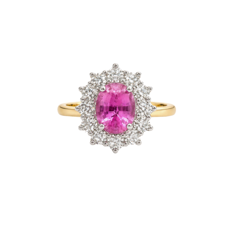 Pink sapphire diamond ring by Appleby Jewellers Dublin featuring a 1.54ct pink sapphire gemstone in a elegant setting.