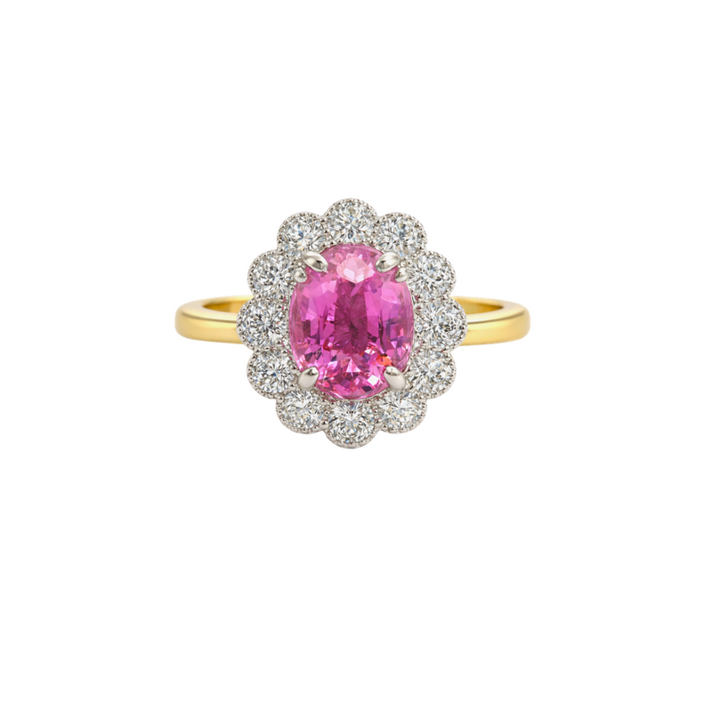 Pink sapphire diamond ring called The Kate Flower with 1.45 carats, featuring a floral design by Appleby Jewellers Dublin.