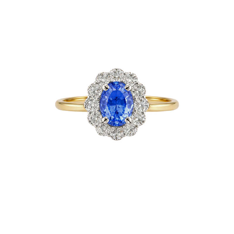 Elegant sapphire and diamond ring named "Kate Flower" by Appleby Jewellers Dublin, showcasing intricate gemstone design.