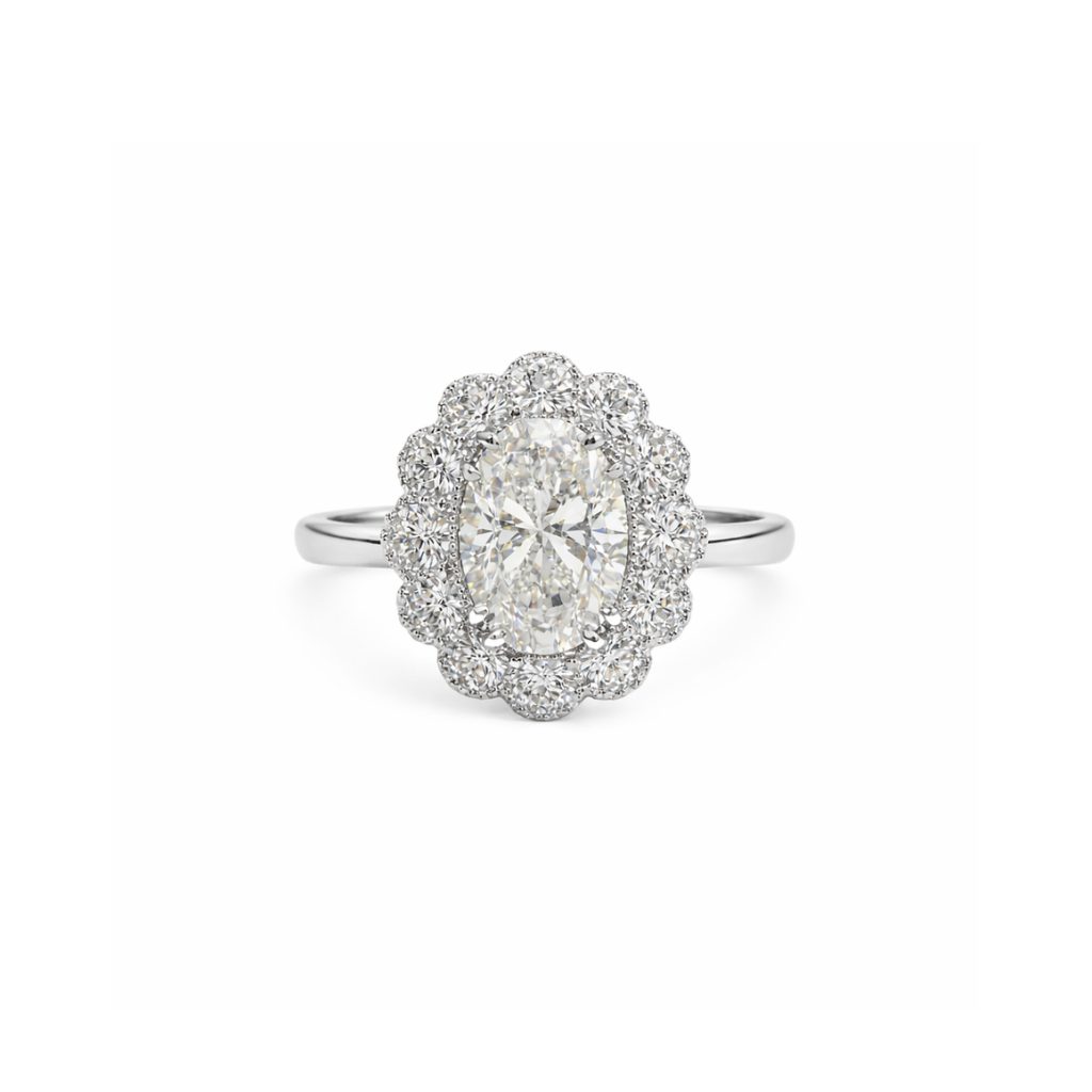 Diamond ring featuring a 1.54ct Kate Flower Platinum diamond, set in a elegant jewelry design from Appleby Jewellers Dublin.