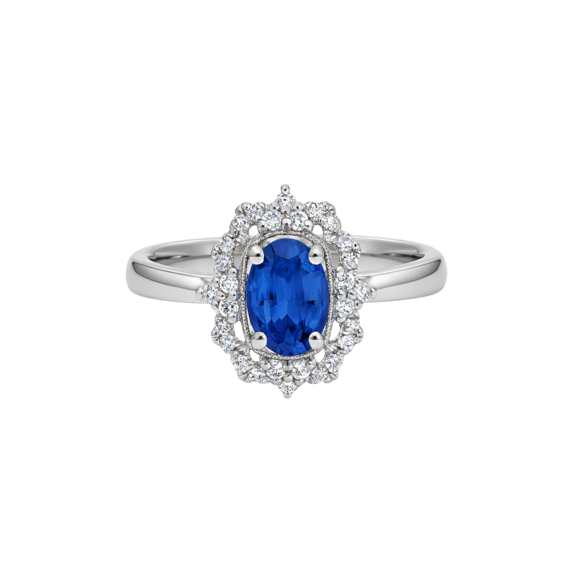 Appleby Jewellers Dublin The Portia sapphire and diamond cluster ring showcasing vibrant blue sapphire and sparkling diamonds.