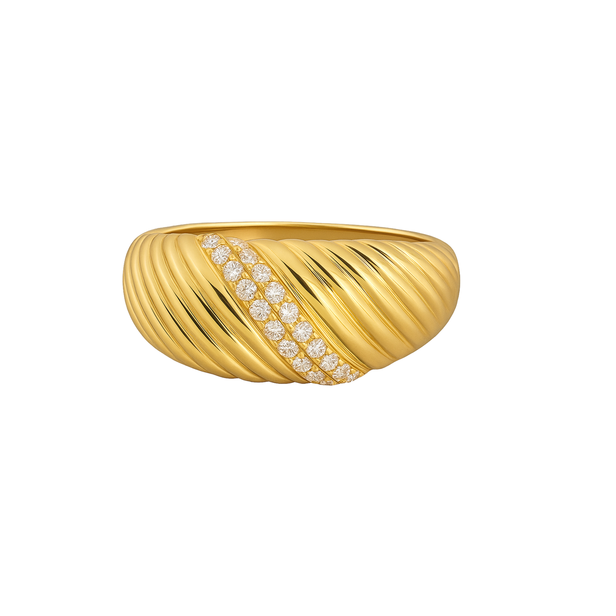 Close-up of The Ripple Ring, a diamond ring by Appleby Jewellers Dublin, showcasing its elegant ripple design and sparkling diamonds.