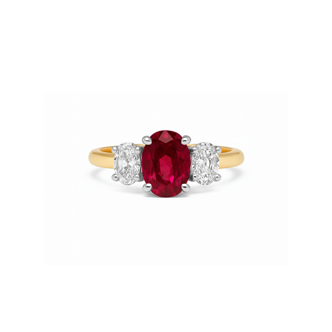 Elegant diamond ring featuring a vibrant ruby centerpiece from Appleby Jewellers Dublin's Ruby Trinity collection.