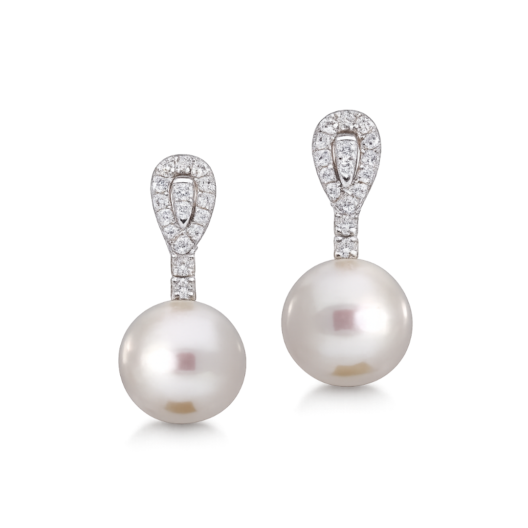 South Sea pearl and diamond drop earrings by Appleby Jewellers Dublin featuring elegant, shimmering pearl and sparkling diamonds.
