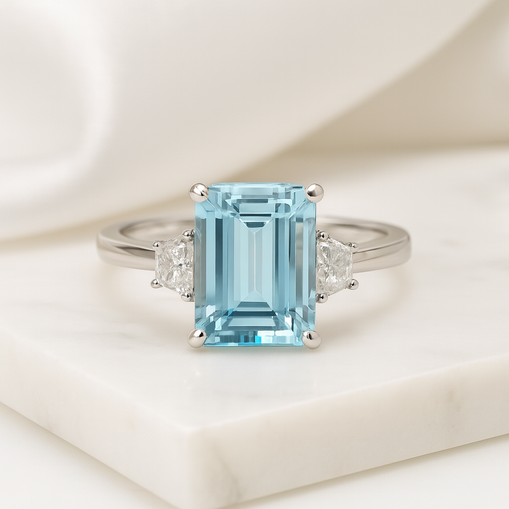 Emerald-cut aquamarine and trapeze diamond trilogy ring by Appleby Jewellers Dublin with sparkling gemstones and elegant design.