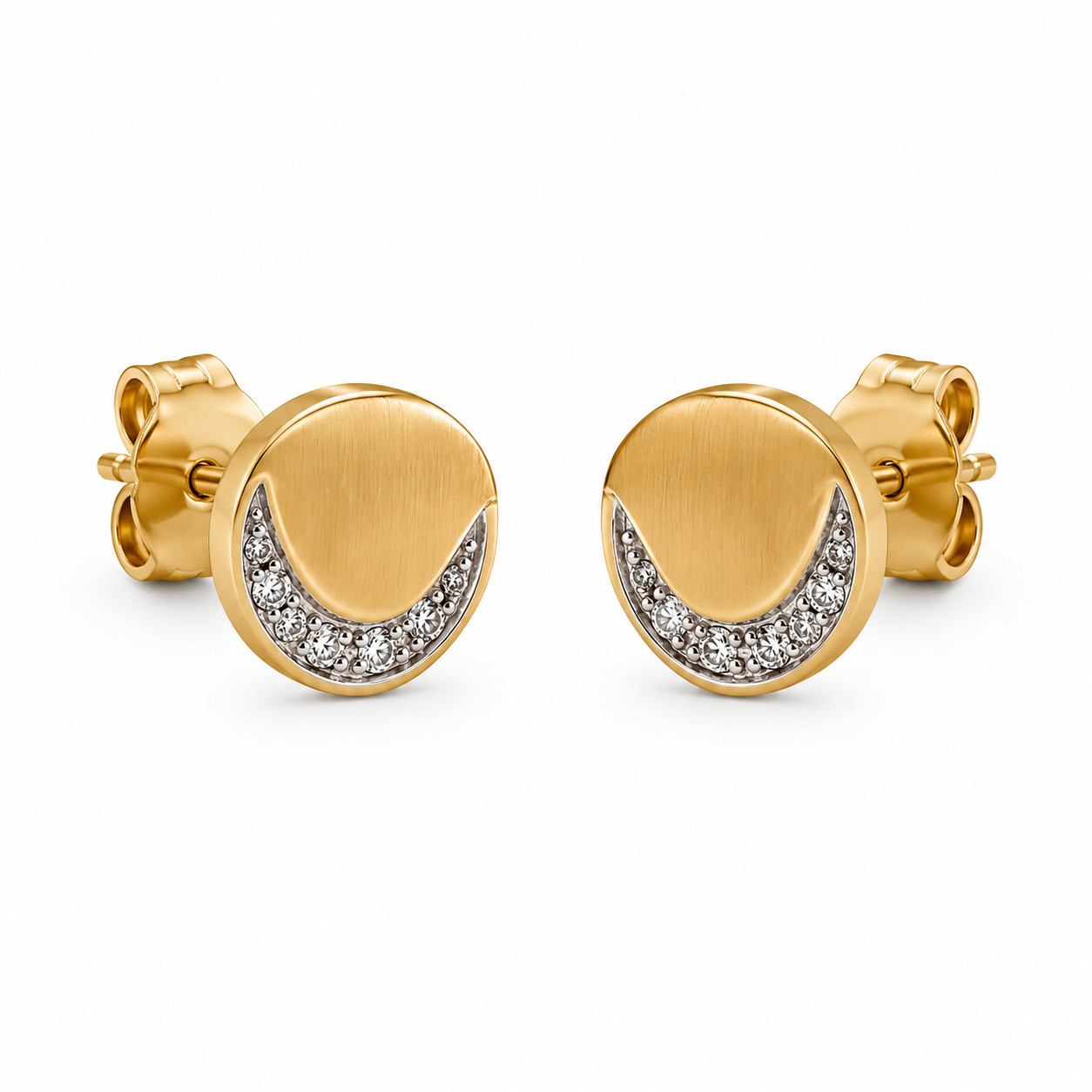 A pair of gold crescent moon stud earrings with a row of small clear pavé stones along the inner curve, shown on a plain white background.