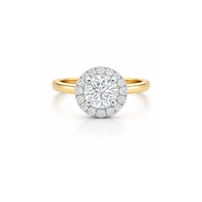 Elegant diamond ring called The Grand Halo Ring by Appleby Jewellers Dublin, featuring a central gemstone surrounded by a halo setting.