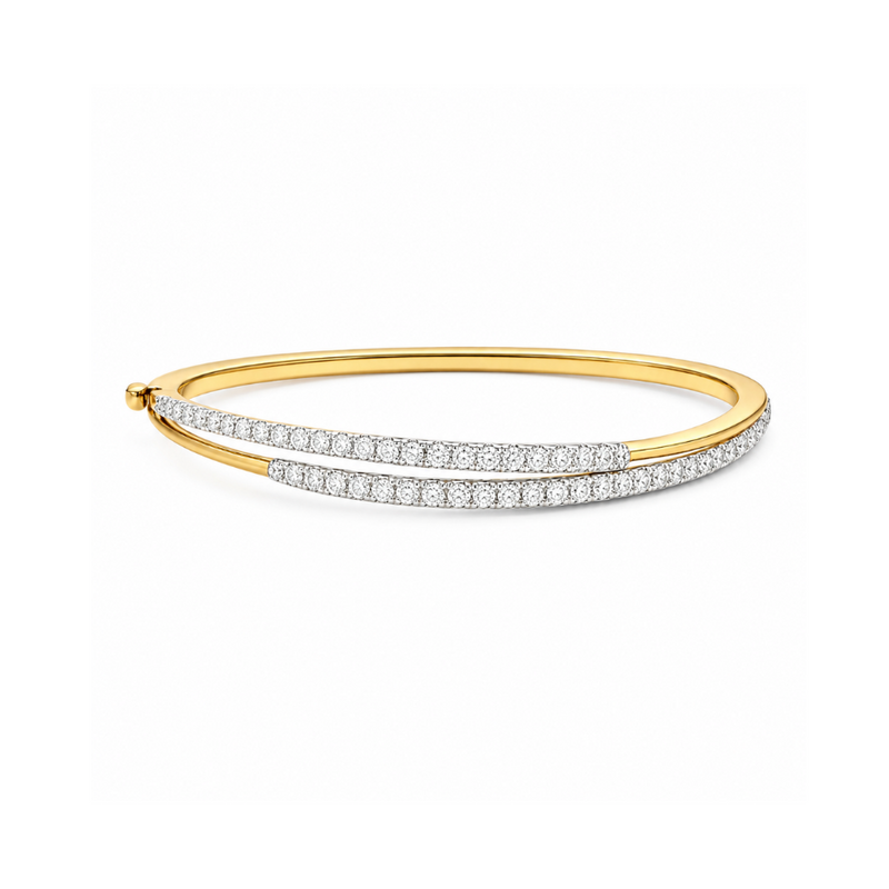 Shiny gold Orbit Double Diamond Bangle bracelet by Appleby Jewellers Dublin featuring embedded diamond accents.