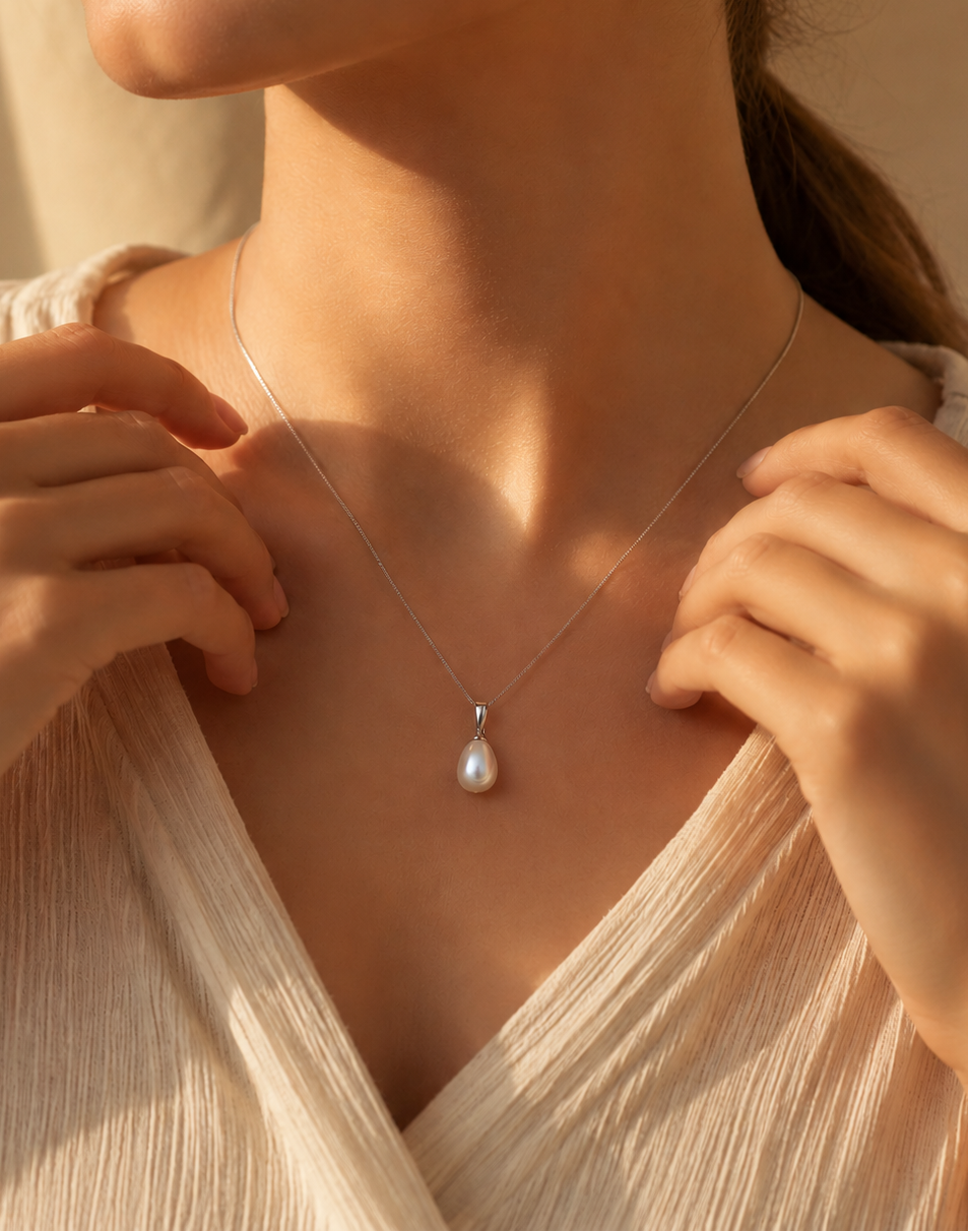 Woman wearing a pearl necklace with a soft focus background