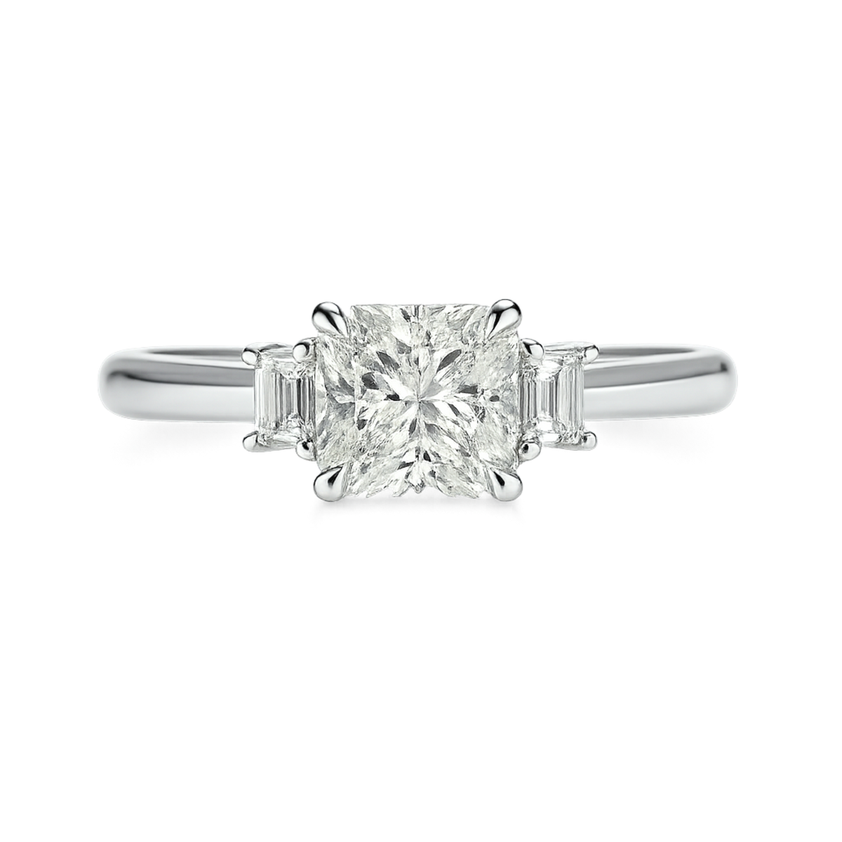 Elegant diamond ring called The Tranquility Radiant with trapeze diamonds from Appleby Jewellers Dublin, showcasing sparkling gemstone details.
