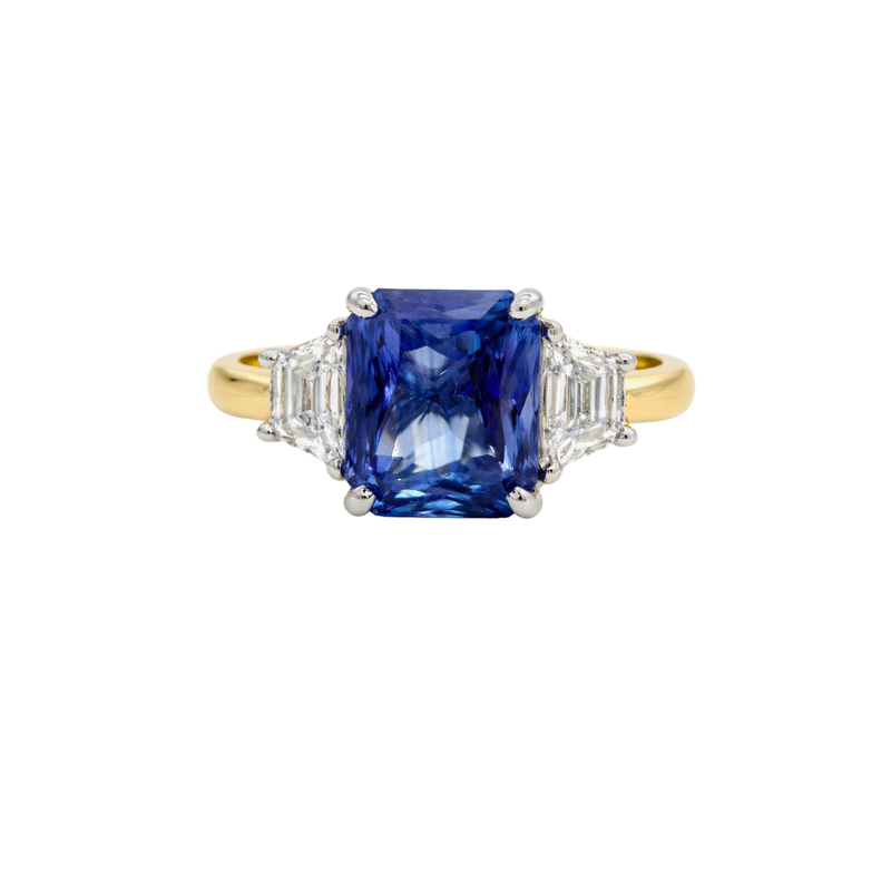Elegant diamond ring featuring a 5.13-carat fine blue sapphire by Appleby Jewellers Dublin