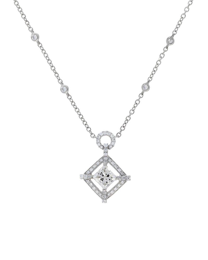 Princess Cut Diamond Halo Pendant with Diamond Chain