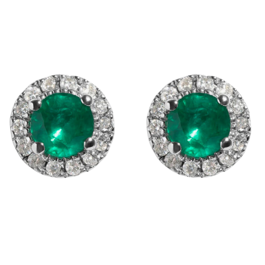 Round Halo Diamond & Emerald Earrings