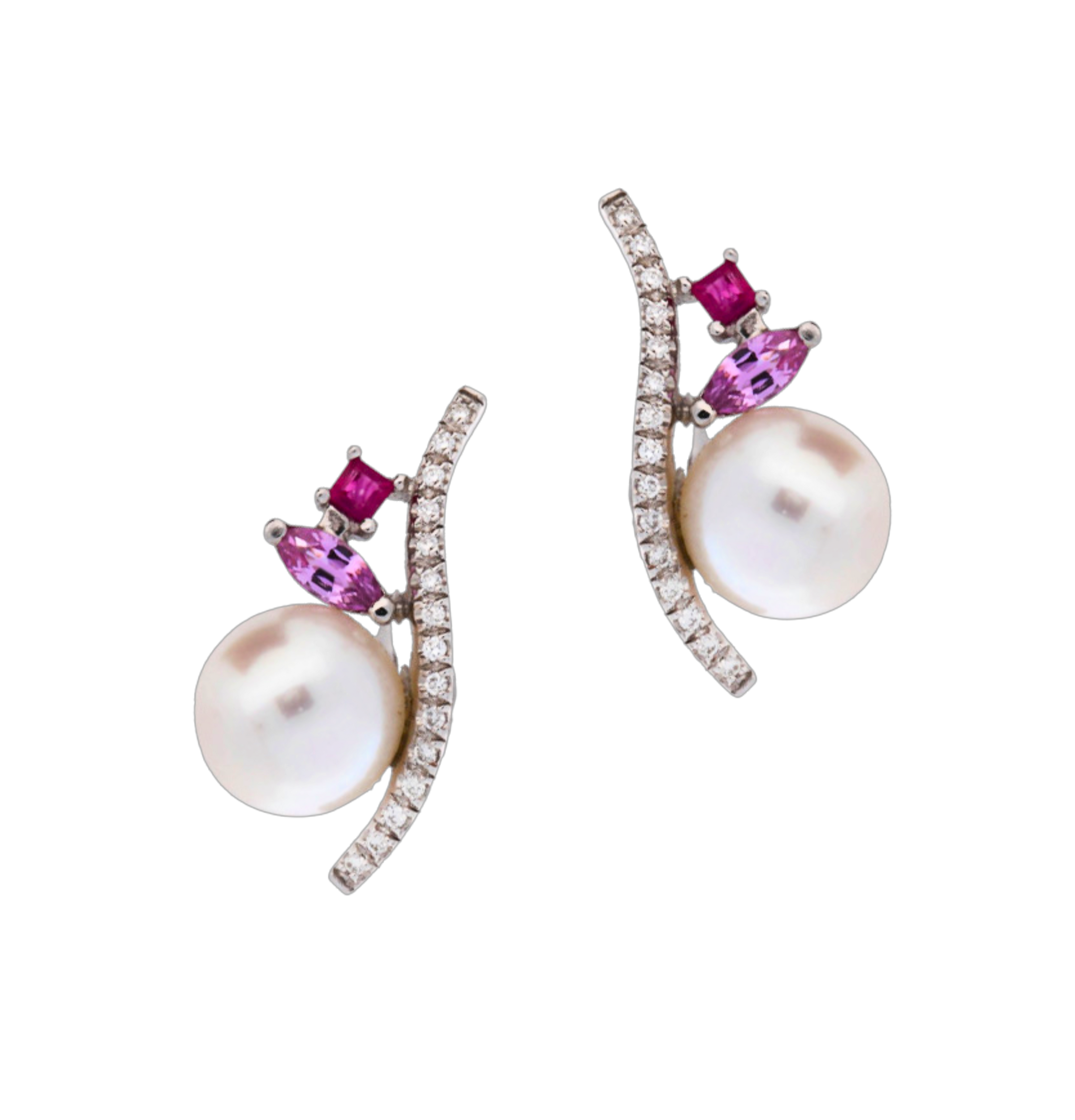 Pink Sapphire, Ruby & Diamond Pearl Earrings