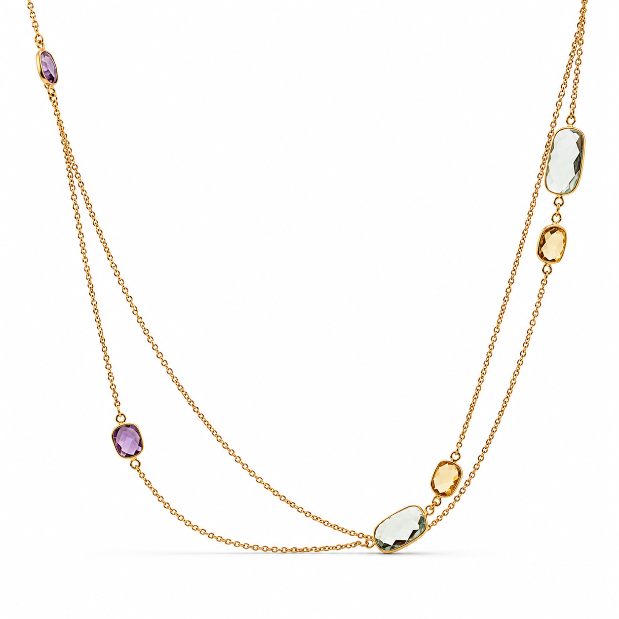 Watercolour gemstone necklace with a 35-inch chain by Appleby Jewellers Dublin, featuring vibrant, hand-painted gemstone designs.