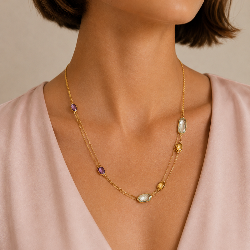 Watercolour gemstone necklace with a 35-inch chain by Appleby Jewellers Dublin, featuring colorful, hand-painted gemstone pendant.