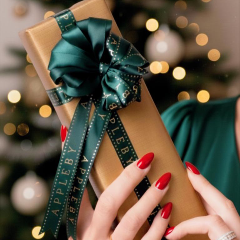 Person holding a wrapped gift with a green ribbon in front of a blurred Christmas tree.