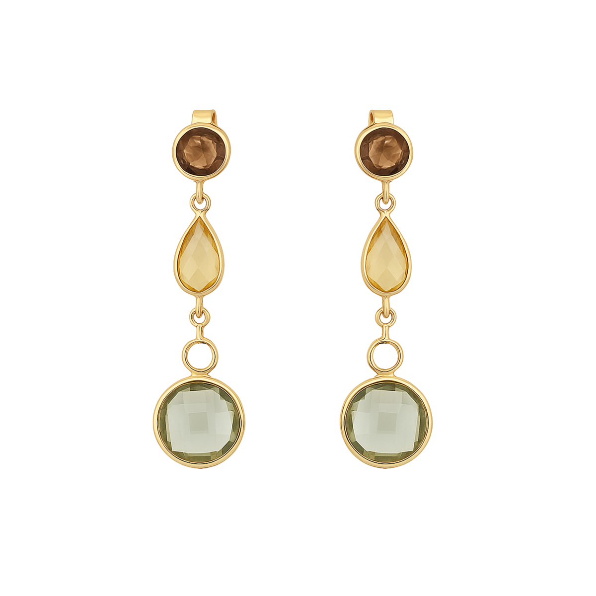 14ct gold drop earrings featuring blue topaz, amethyst, citrine, and quartz gemstones with intricate detailing.