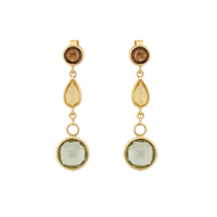 14ct gold drop earrings featuring blue topaz, amethyst, citrine, and quartz gemstones with intricate detailing.