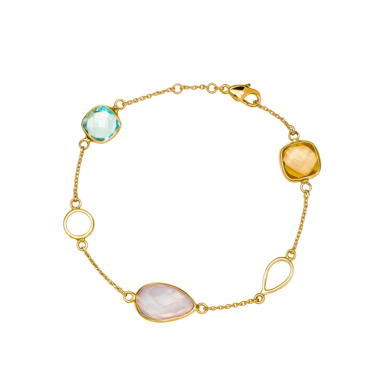 Gold bracelet with colorful gemstones on a white background