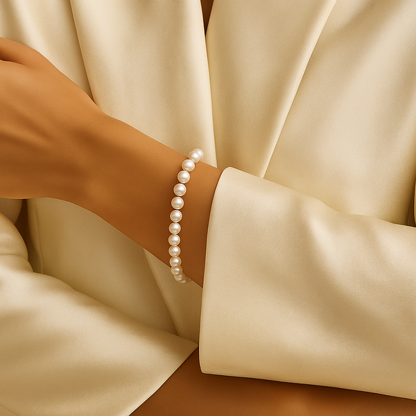 Freshwater pearl bracelet with elegant white pearls, crafted by Appleby Jewellers Dublin, showcasing a delicate jewelry piece.