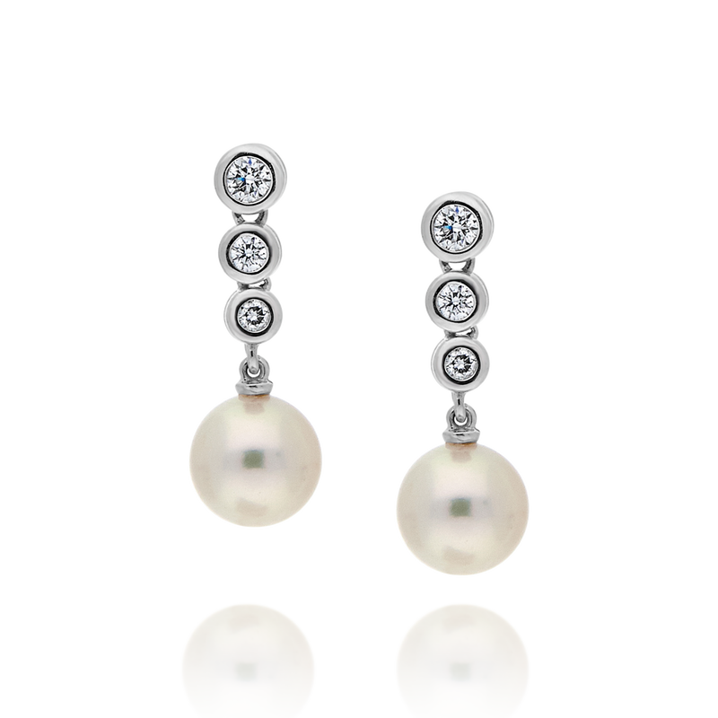 Pearl and Trilogy Diamond Drop Earrings