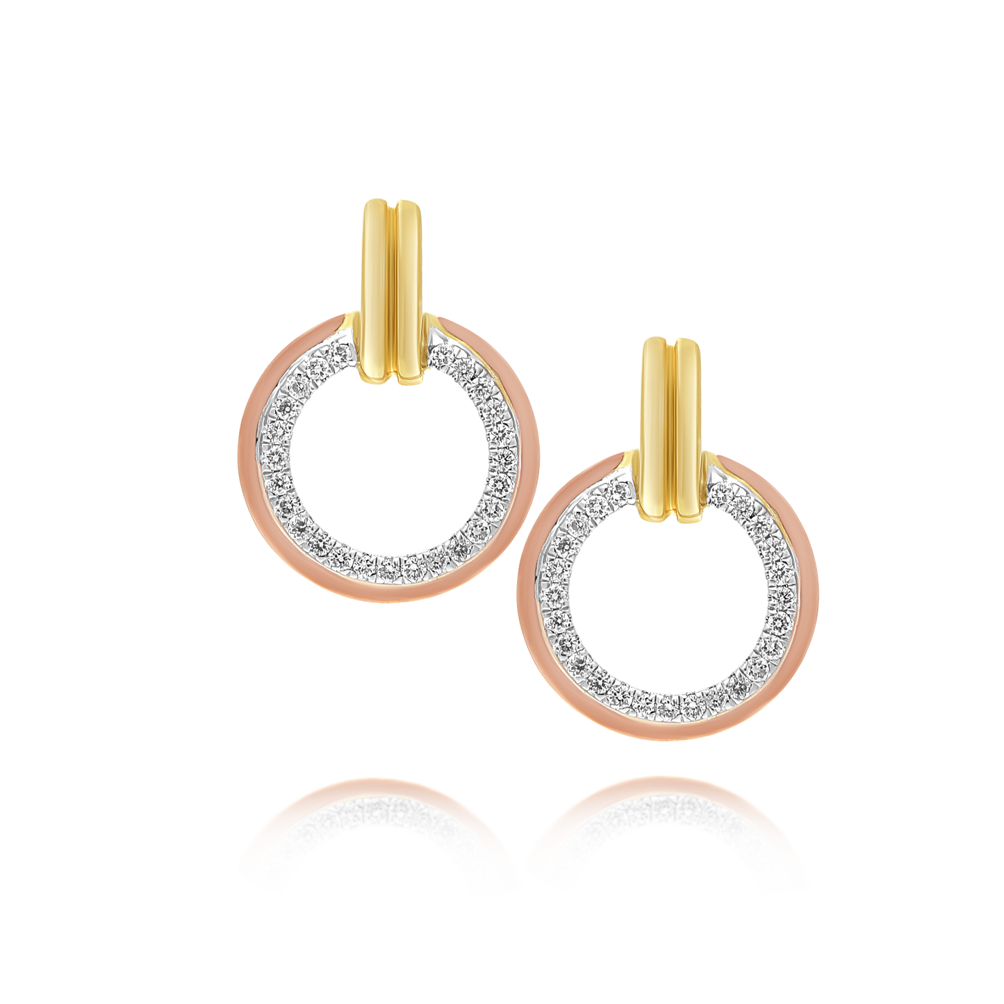 Yellow and Rose Gold Diamond Circle Earrings with Small Drop