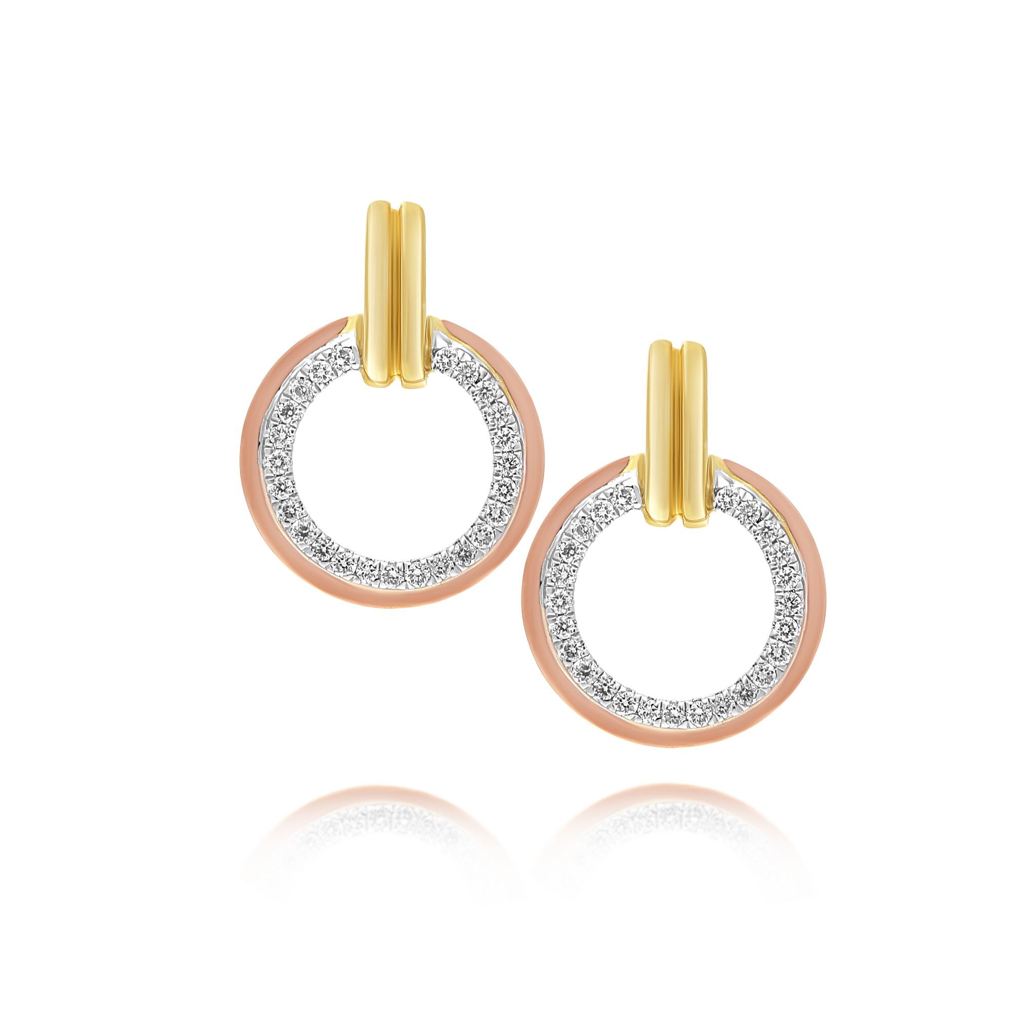 Yellow and Rose Gold Diamond Circle Earrings with Small Drop