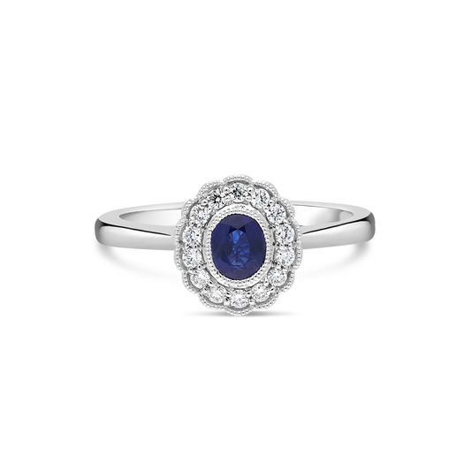 Sapphire and Diamond Cluster Ring, White Gold