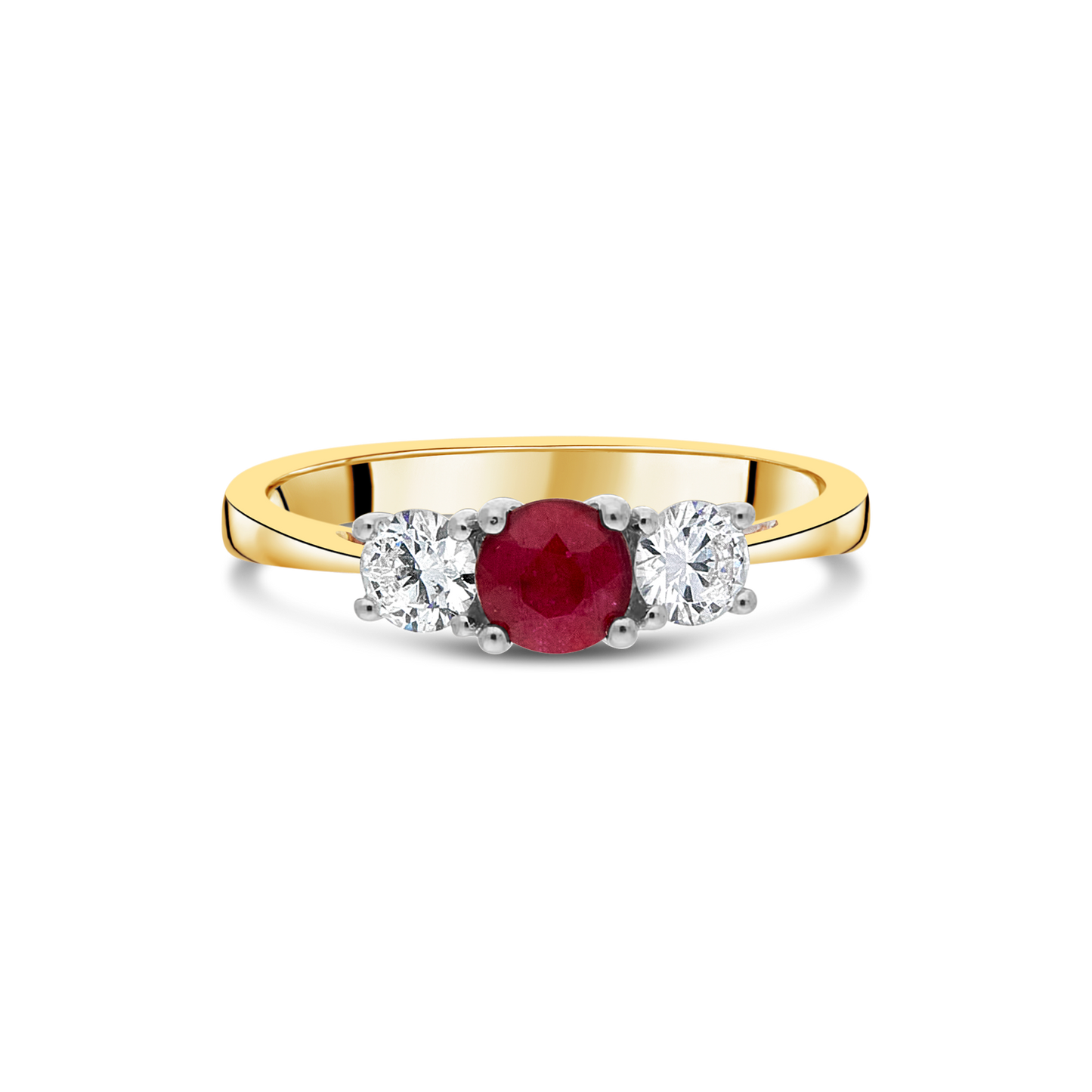 "Ensemble" Three Stone Round-Cut Ruby and Diamond Ring on a "Blush" Rose Gold band