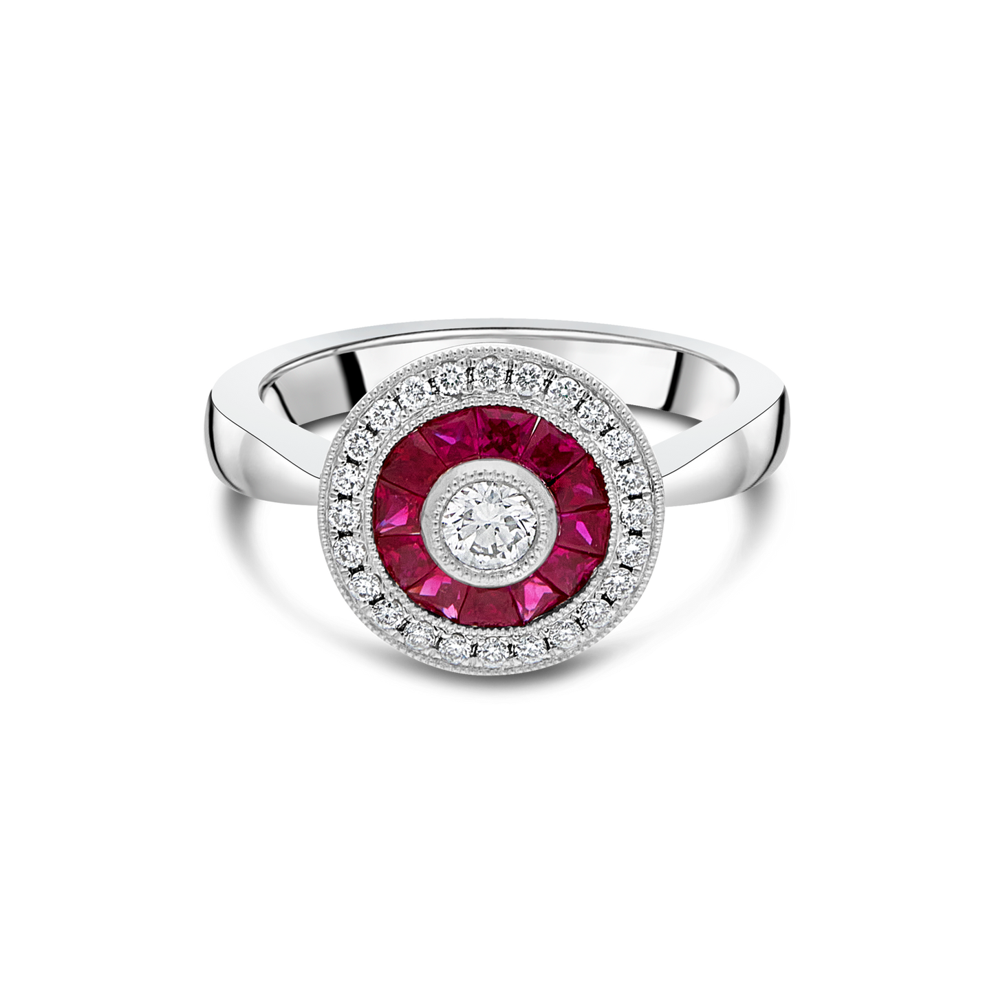 Platinum "Concept" Ruby and Diamond Halo Ring