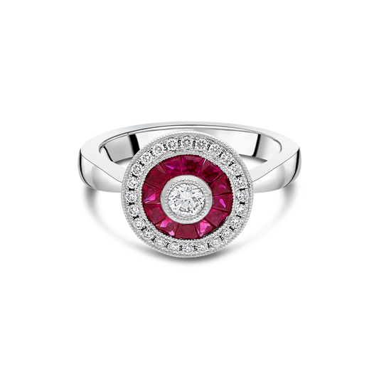 Platinum "Concept" Ruby and Diamond Halo Ring