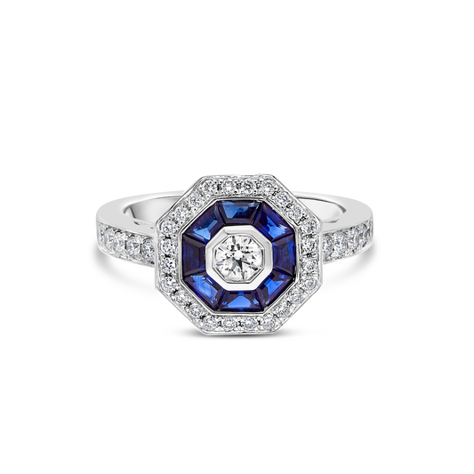 Platinum "Ornamental" Emerald-Cut Sapphire and Diamond Hexagonal Vintage Ring with Diamond Pavé Sides