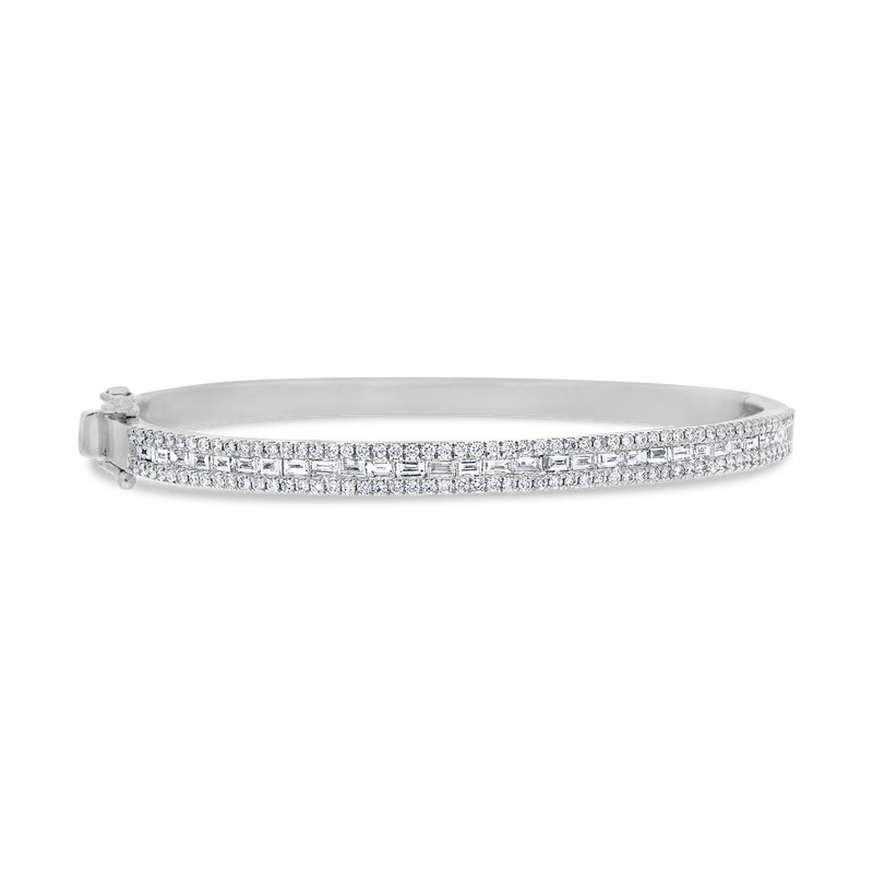 Round and Baguette Diamond White Gold Bangle