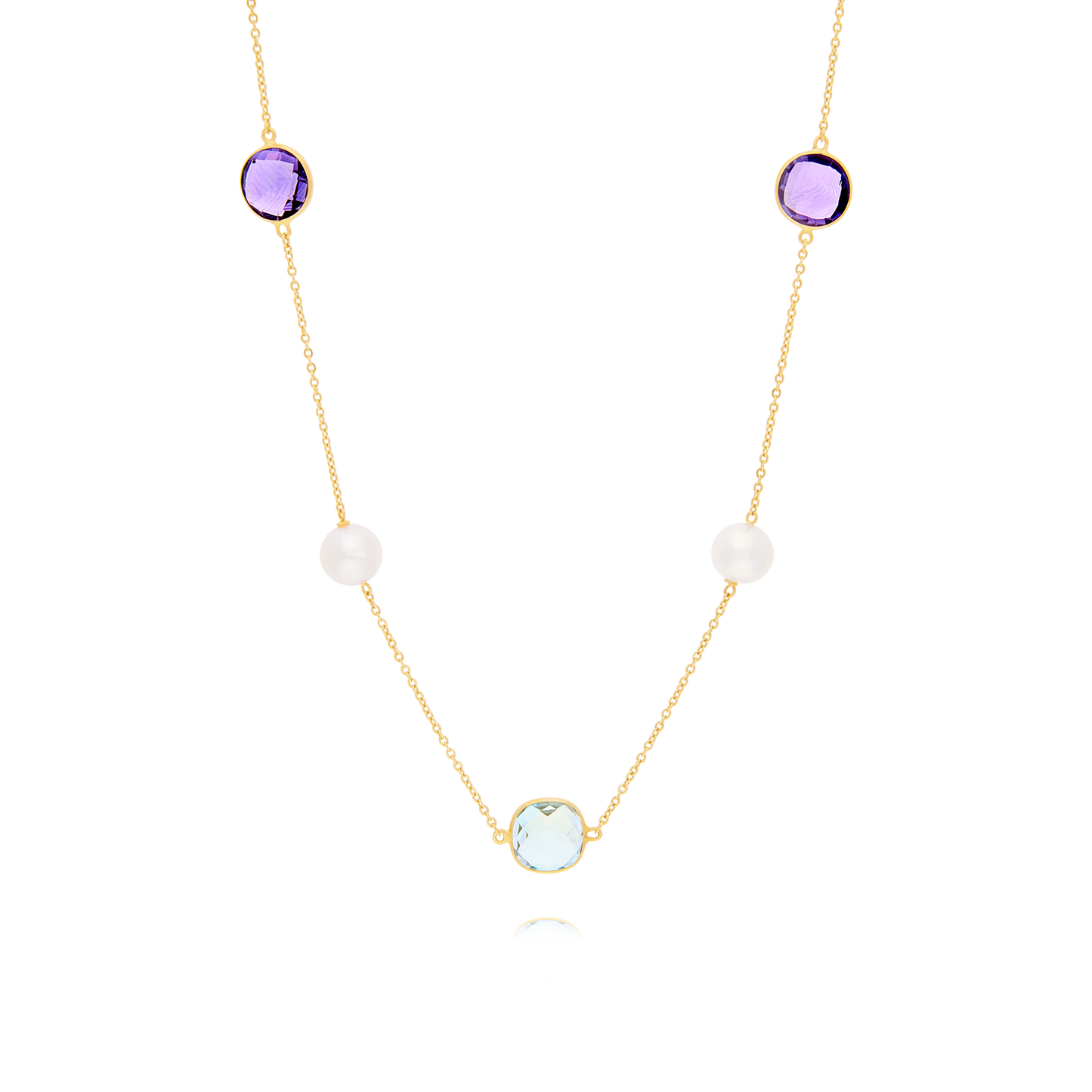 Multicoloured Gem Yellow Gold 34inch Long Necklace with Pearls