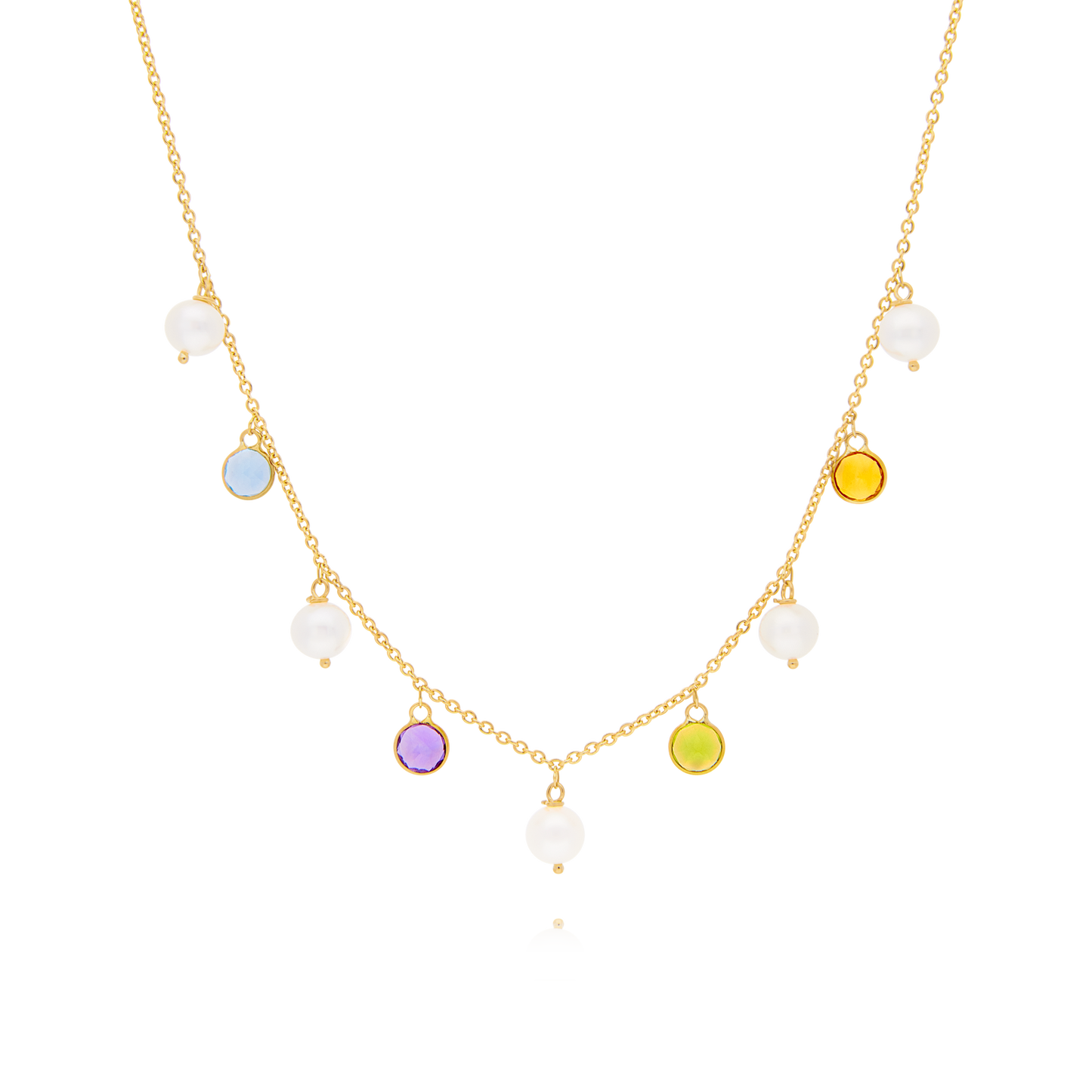 Pearl Yellow Gold 18-inch Necklace with Multicoloured Gems