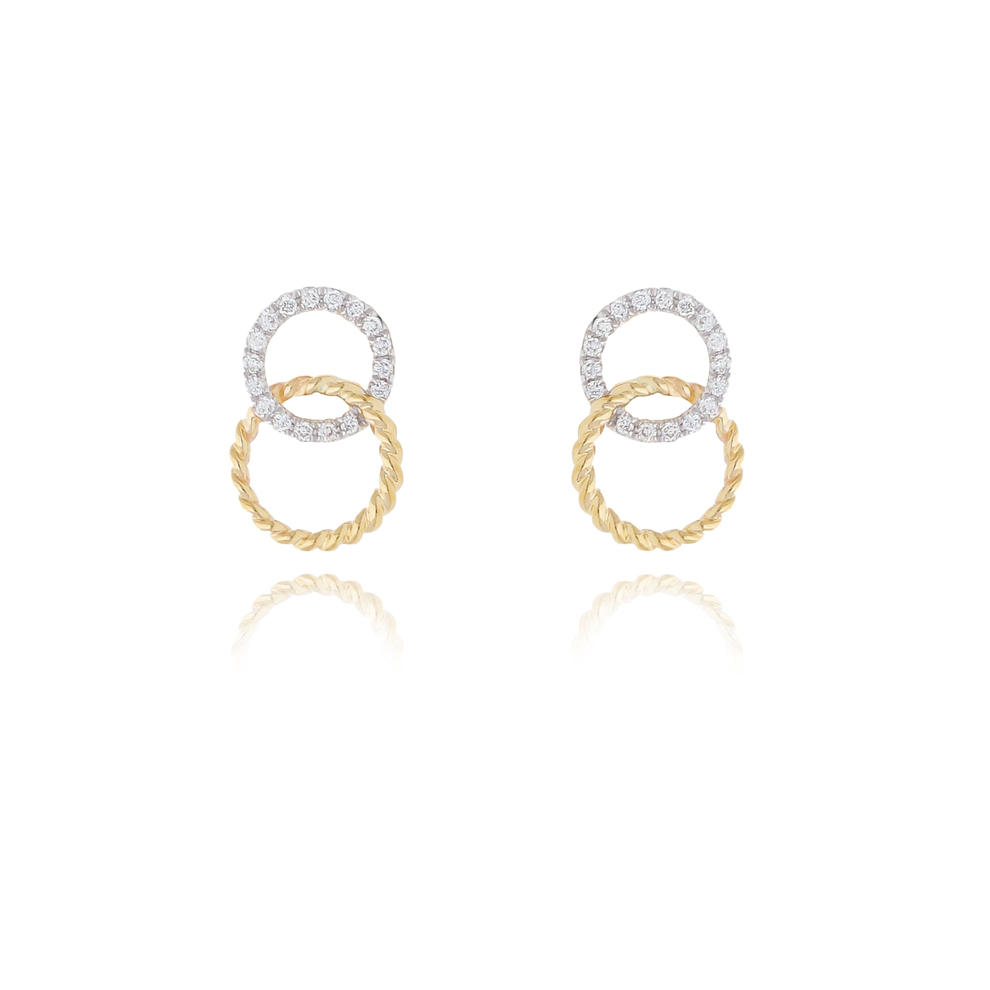 Double Oval Yellow Gold Earrings with Twist and Diamonds