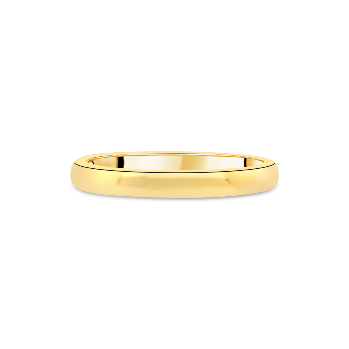 D-shaped 18ct yellow gold ladies wedding ring with a 2.5mm width, featuring a smooth finish and subtle design details.